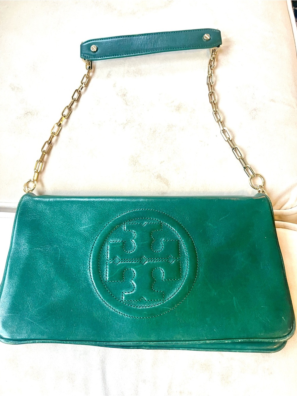 Tory Burch Reva Bombe Clutch Purse Malachite Green Gold Chain Baguette